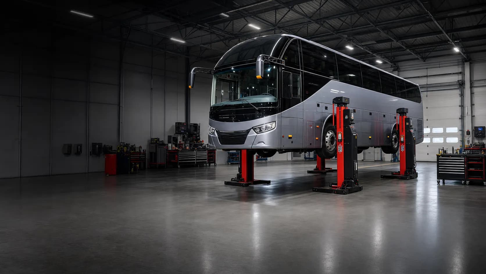 Автобус на колонных подъемниках в ангаре BUS DOCTOR
