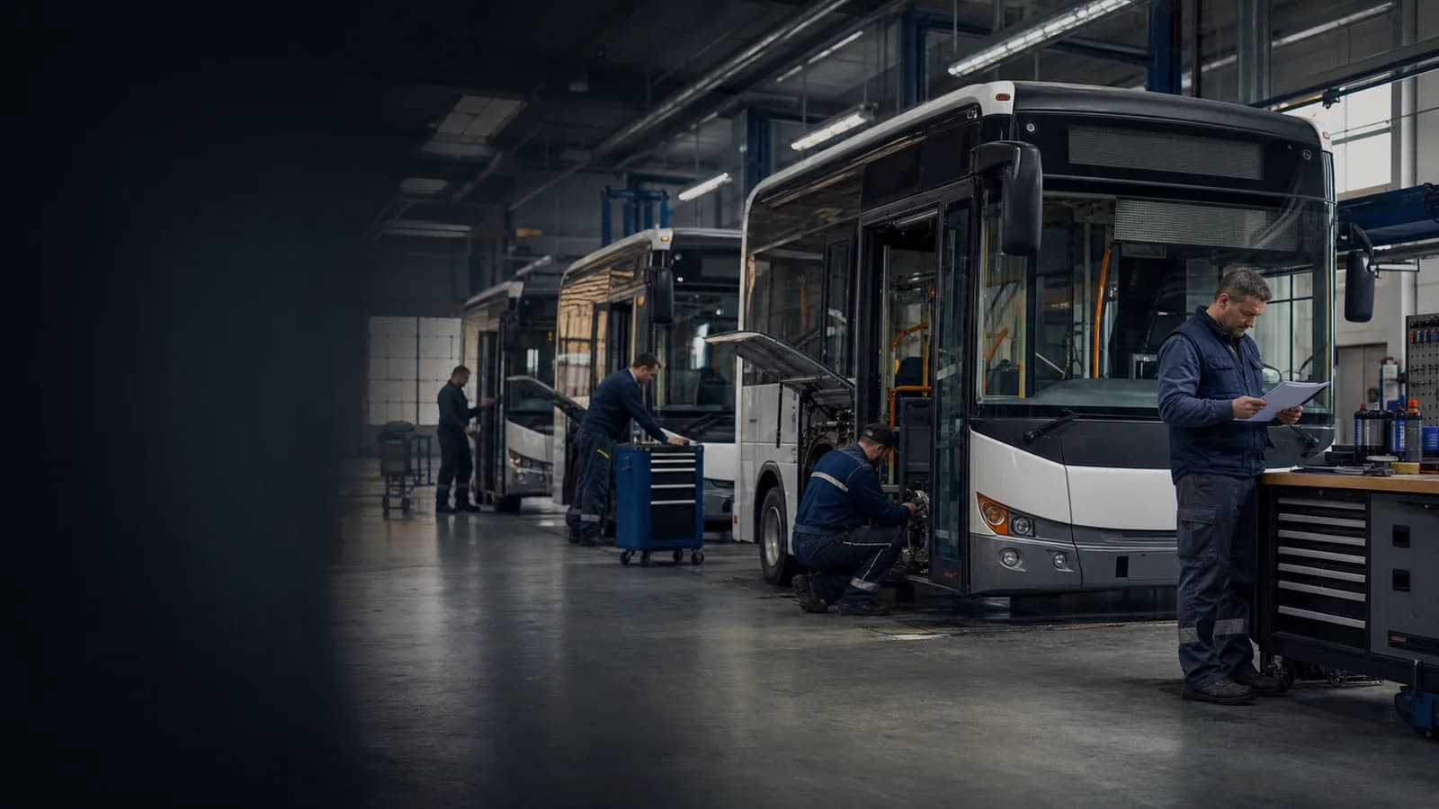 Автобус автопарка на колонных подъемниках в BUS DOCTOR