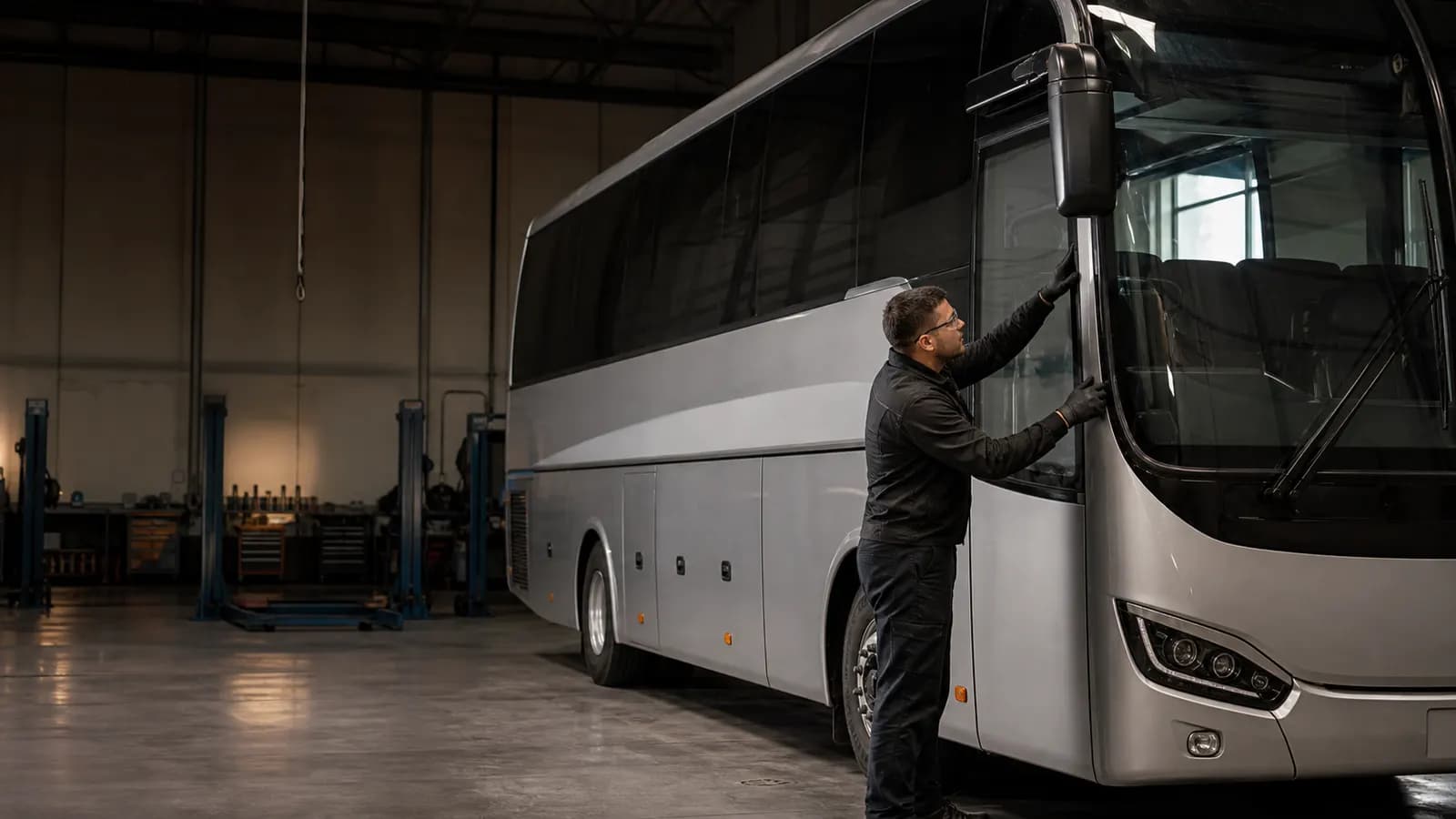 Автобус с поврежденным стеклом для осмотра в BUS DOCTOR