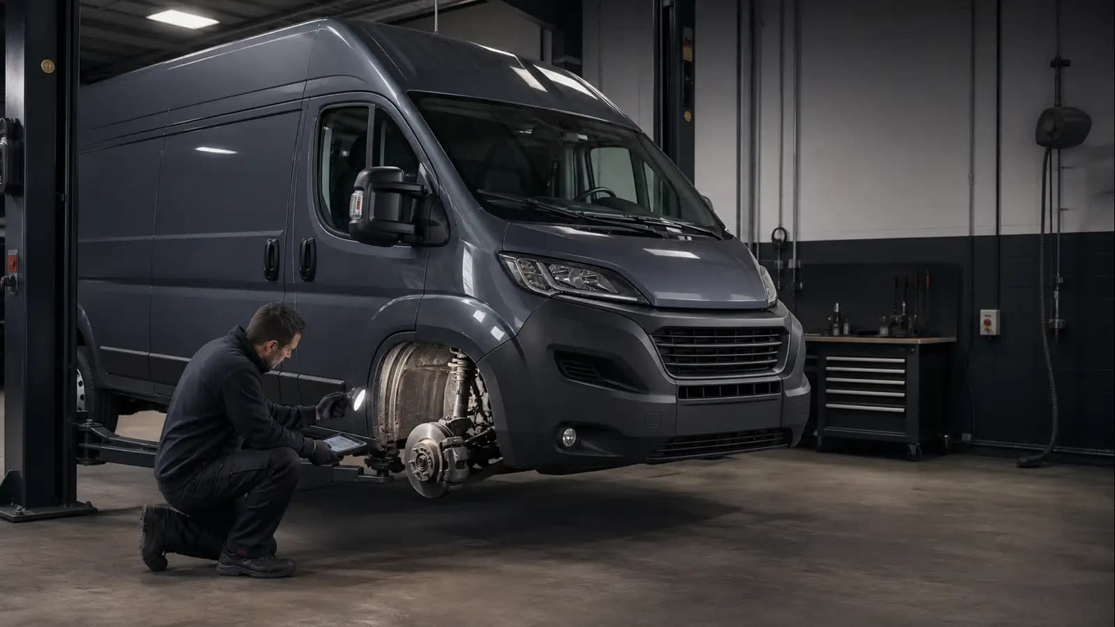 Иллюстративный кадр ремонта коммерческого микроавтобуса Fiat Ducato в сервисном боксе