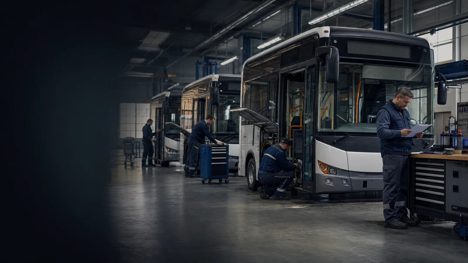 Автобус на подъемниках в сервисе BUS DOCTOR