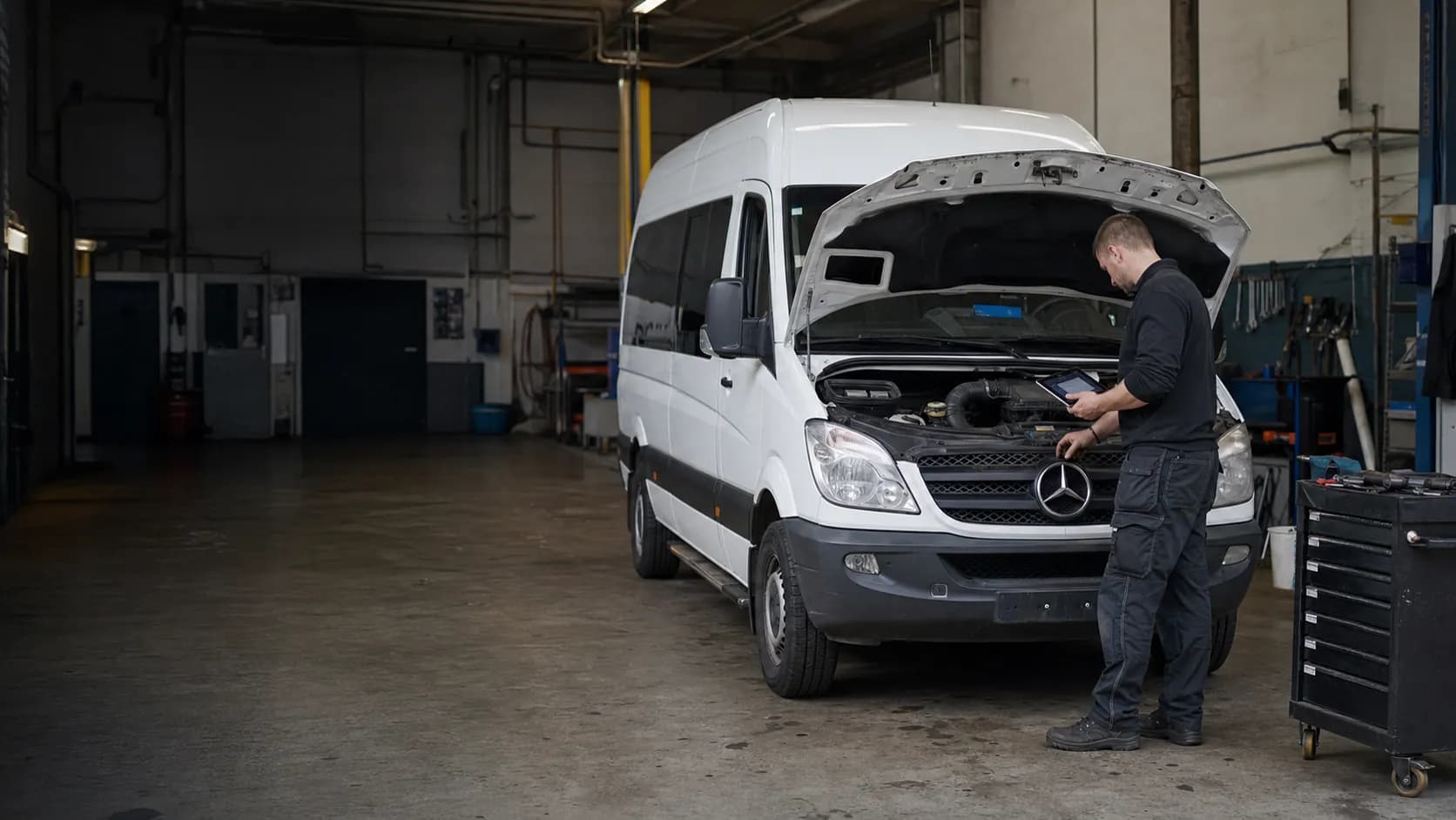Диагностика двигателя Mercedes-Benz Sprinter с открытым капотом