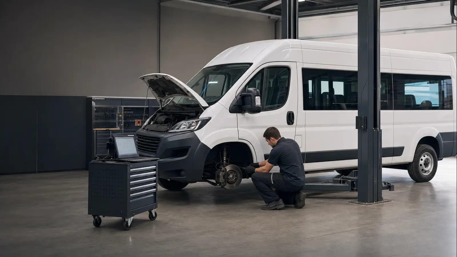 Иллюстративный кадр ремонта коммерческого микроавтобуса Peugeot Boxer в сервисном боксе