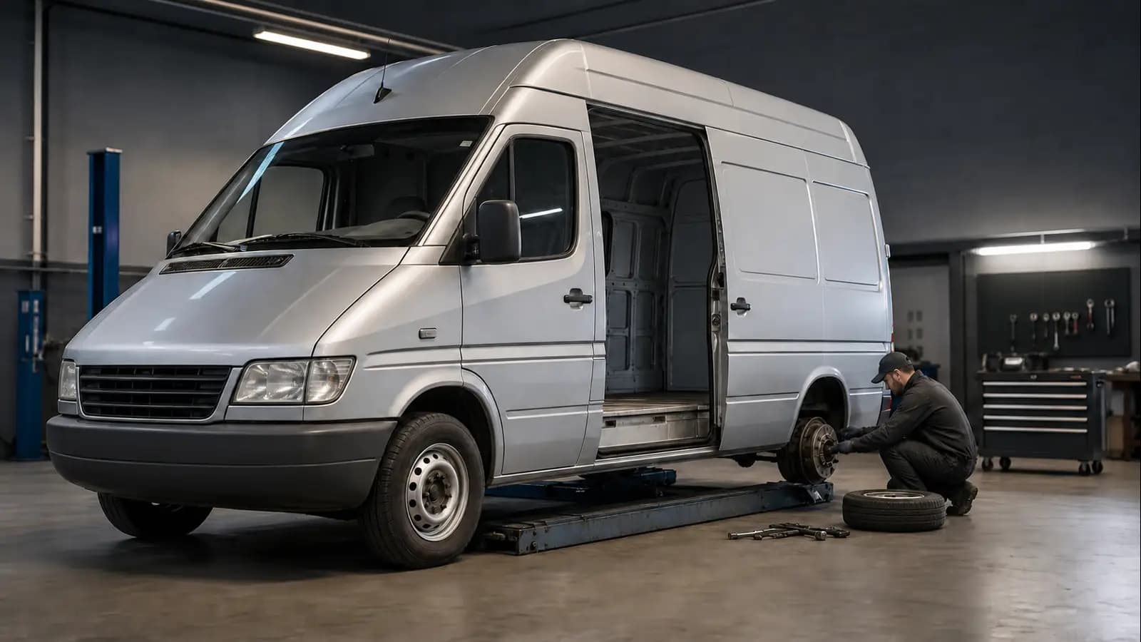 Иллюстративный кадр ремонта Sprinter Classic в сервисном боксе