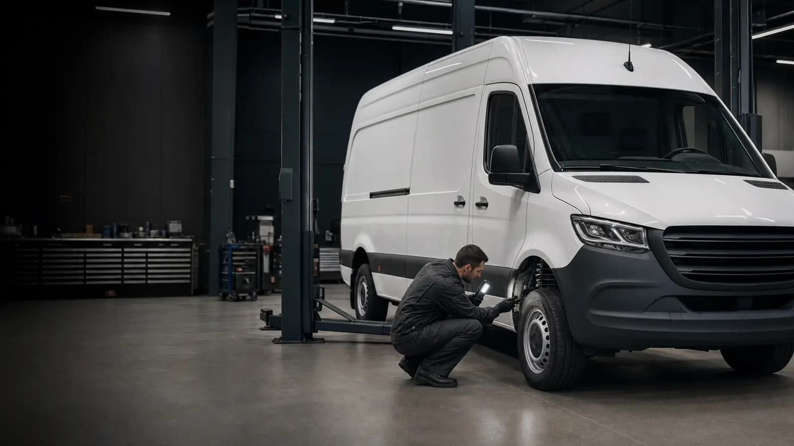 Иллюстративный кадр осмотра коммерческого Sprinter в сервисном боксе
