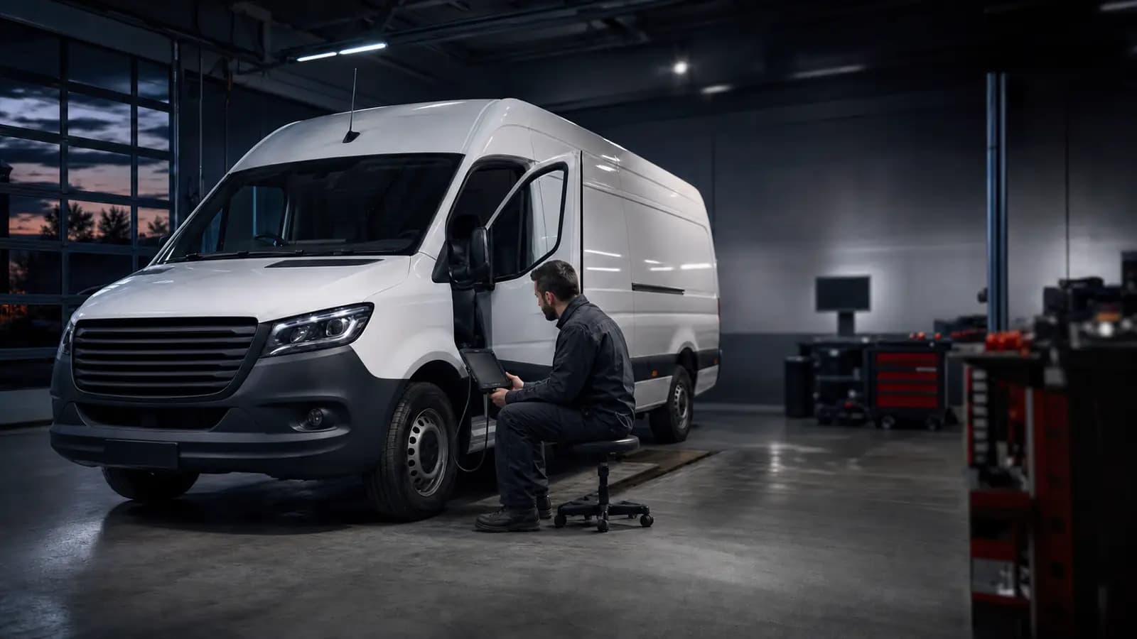 Иллюстративный кадр проверки систем коммерческого Sprinter W907 с диагностическим оборудованием