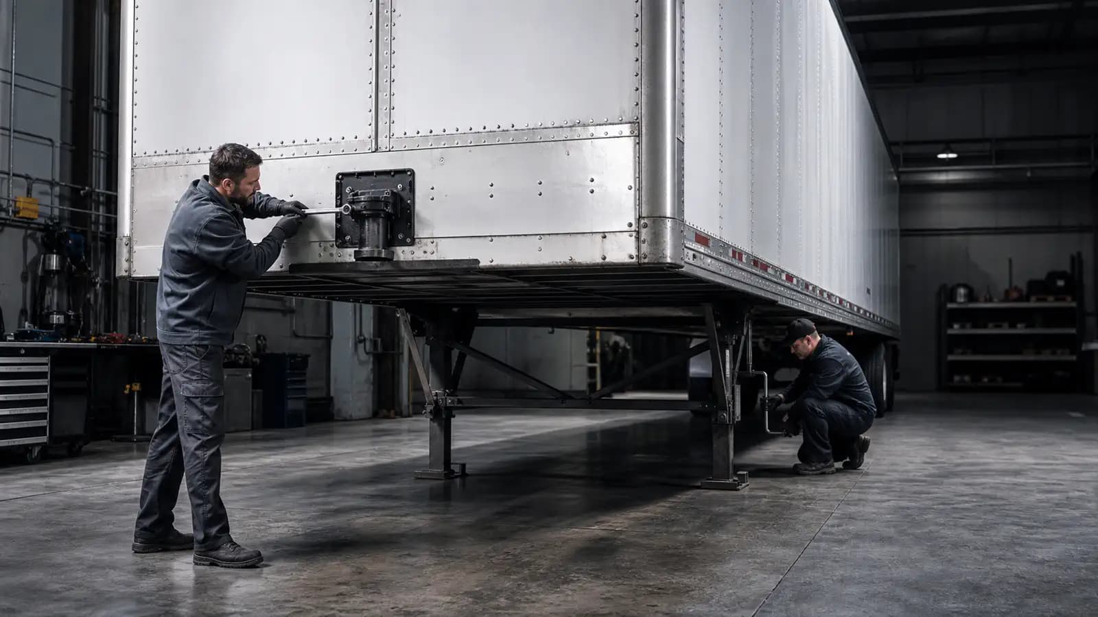Иллюстративный кадр ремонта прицепа Mercedes-Benz Trucks в сервисном боксе
