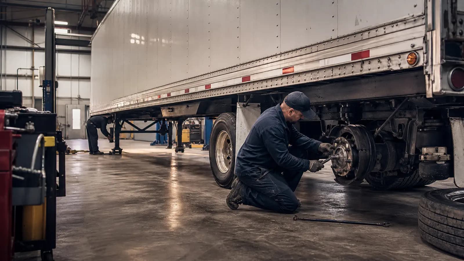 Иллюстративный кадр ремонта прицепа Renault Trucks в сервисном боксе
