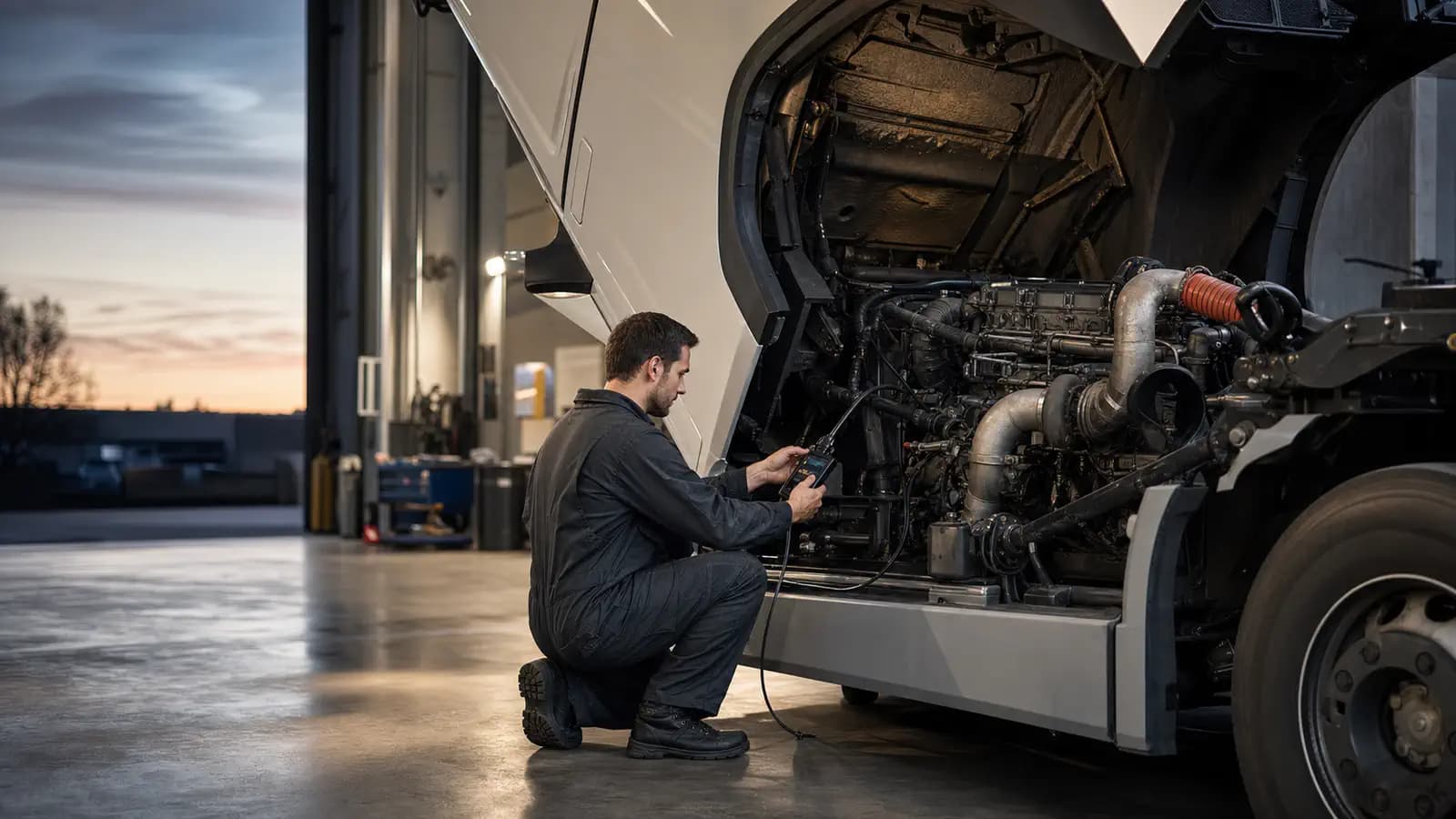 Иллюстративный кадр ремонта дизельного двигателя грузовика Iveco в сервисном боксе