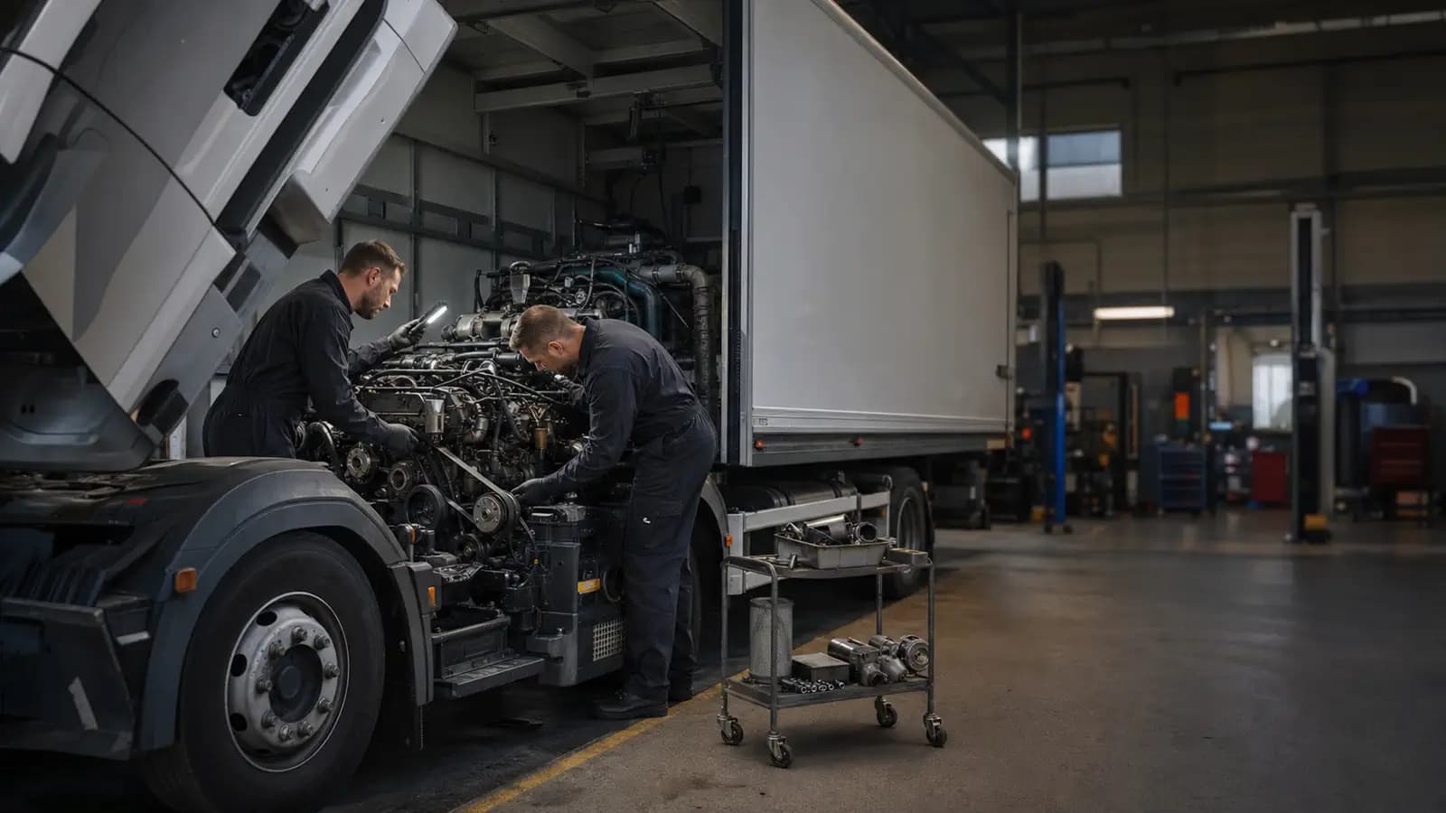 Иллюстративный кадр ремонта дизельного двигателя грузовика Mercedes-Benz Trucks в сервисном боксе