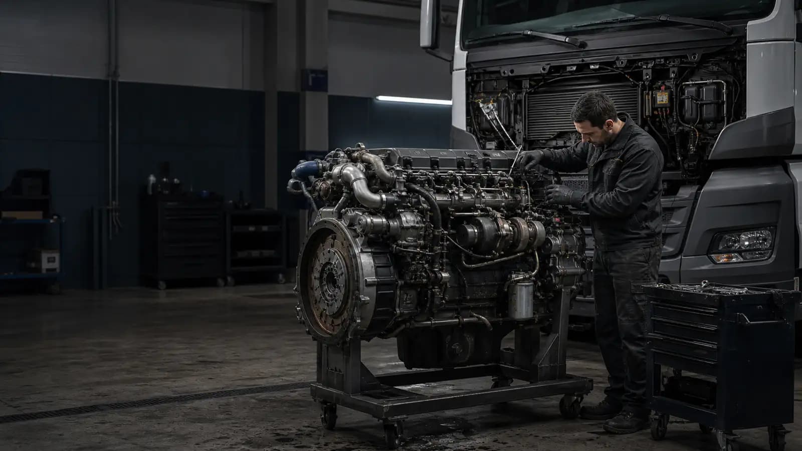 Иллюстративный кадр ремонта дизельного двигателя грузовика Renault Trucks в сервисном боксе
