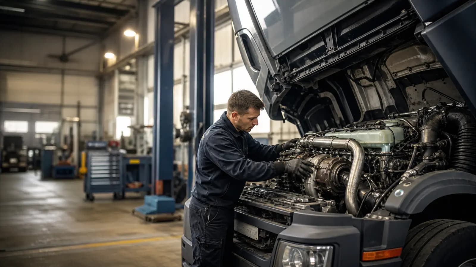 Иллюстративный кадр ремонта дизельного двигателя грузовика Volvo Trucks в сервисном боксе
