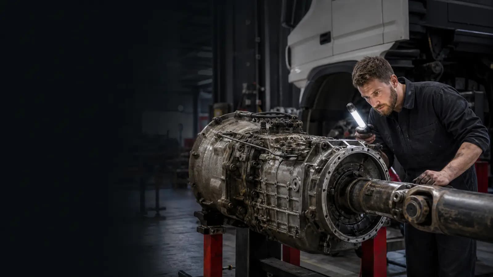 Иллюстративный кадр ремонта КПП грузовика Volvo Trucks в сервисном боксе