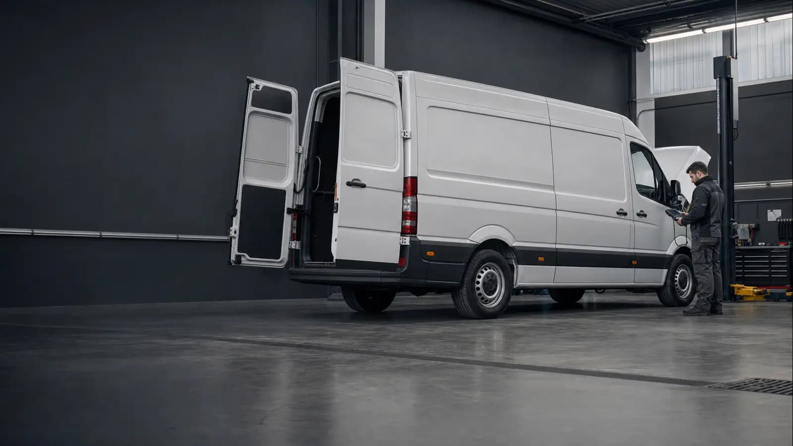 Иллюстративный кадр ремонта коммерческого микроавтобуса Volkswagen Crafter в сервисном боксе