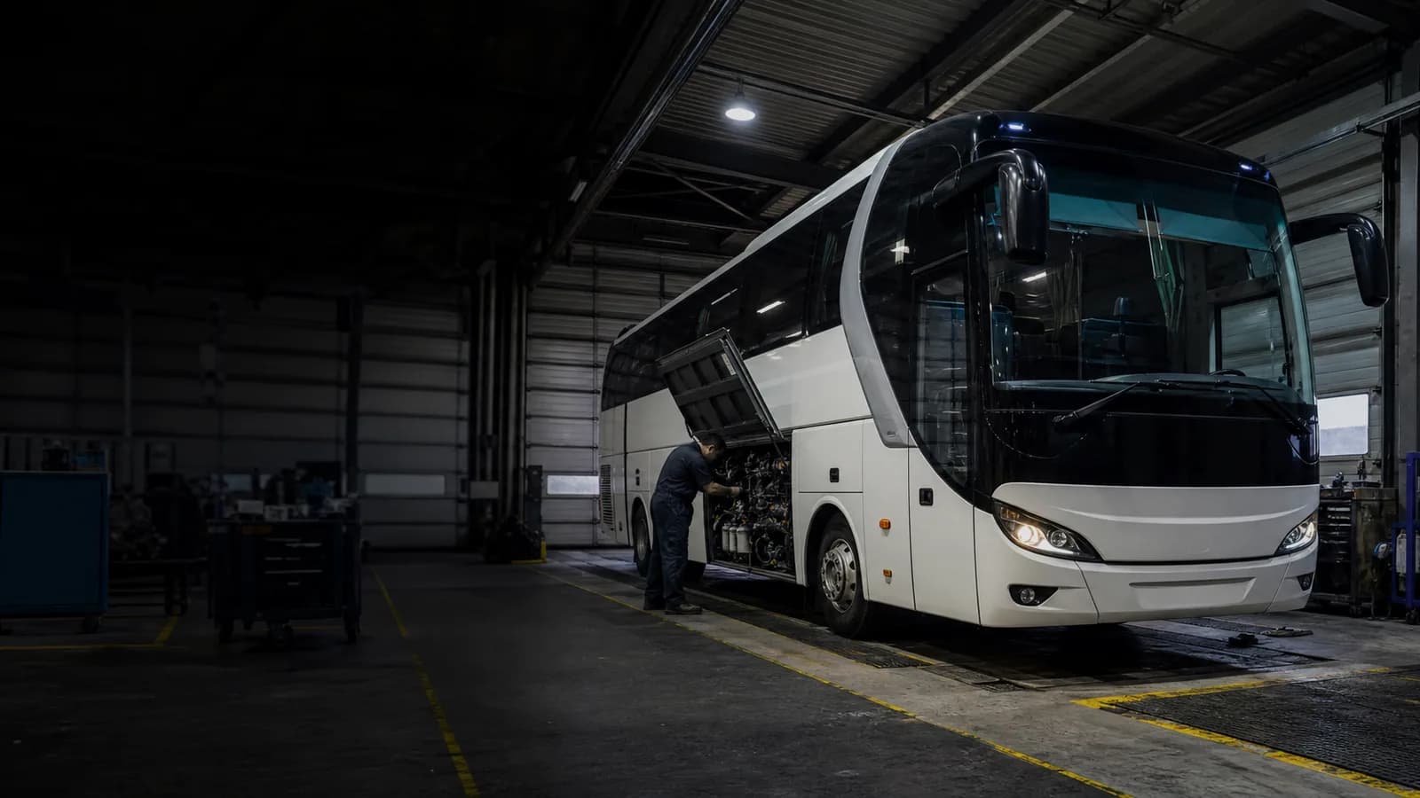 Туристический автобус на обслуживании в сервисе BUS DOCTOR