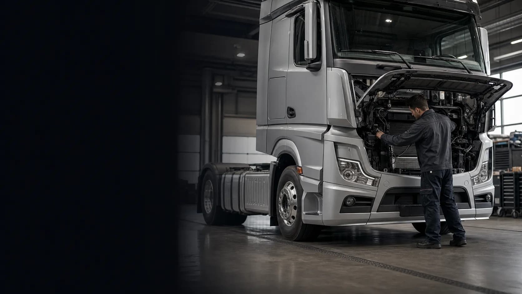 Грузовик Mercedes-Benz в ремонтном боксе