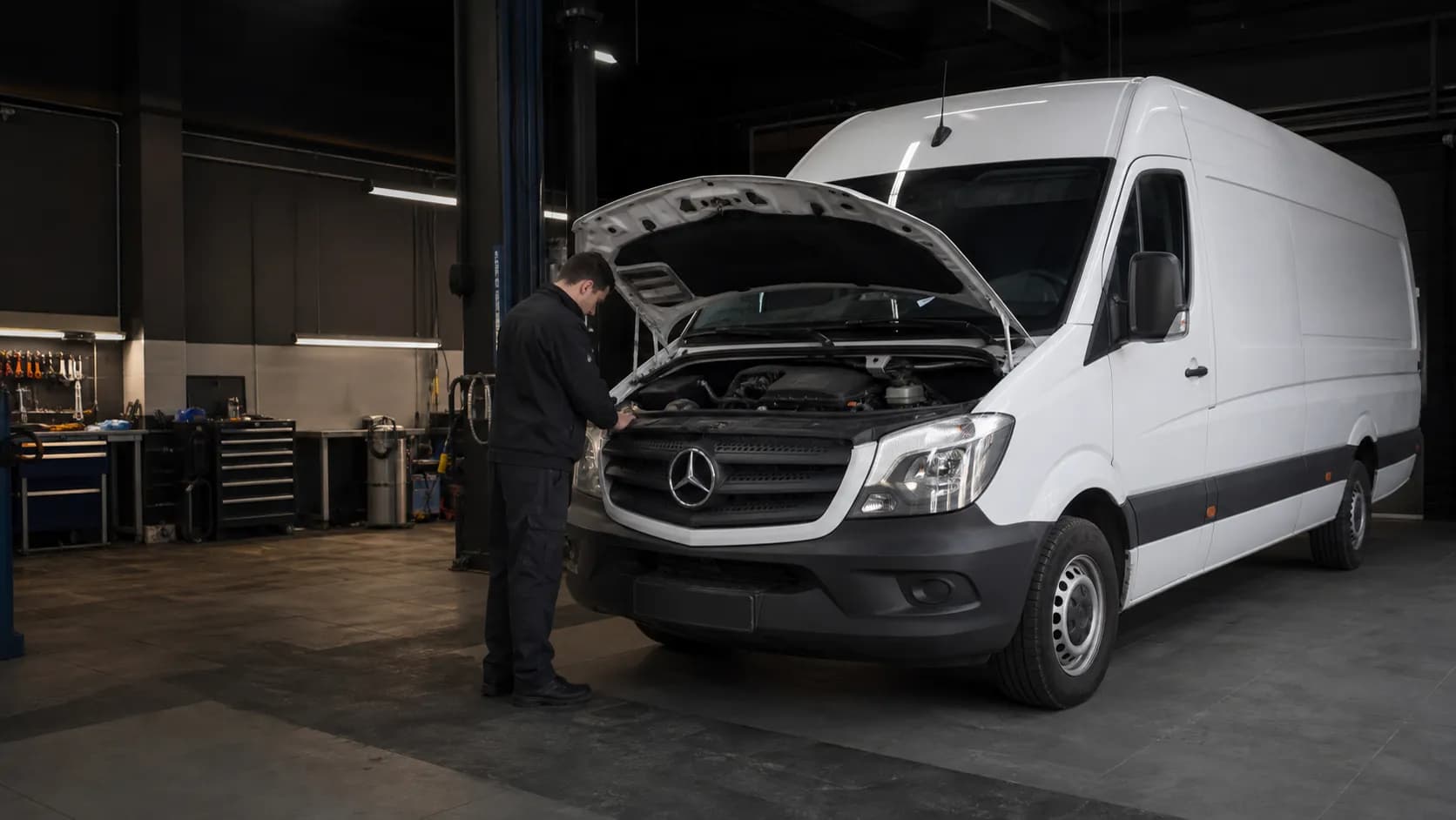 Mercedes-Benz Sprinter 906 с открытым капотом в ремонтном боксе