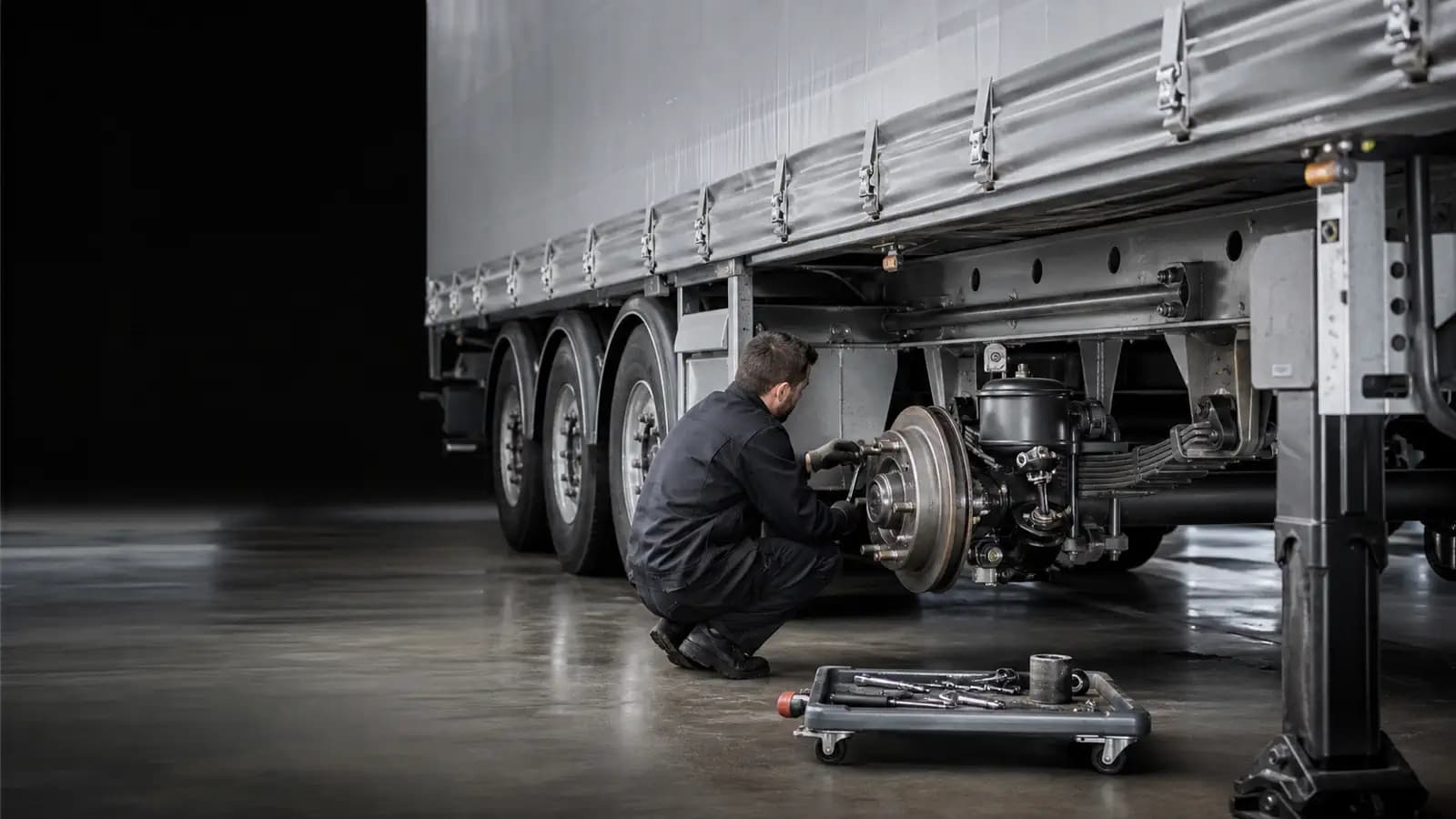 Иллюстративный кадр ремонта прицепа Volvo Trucks в сервисном боксе