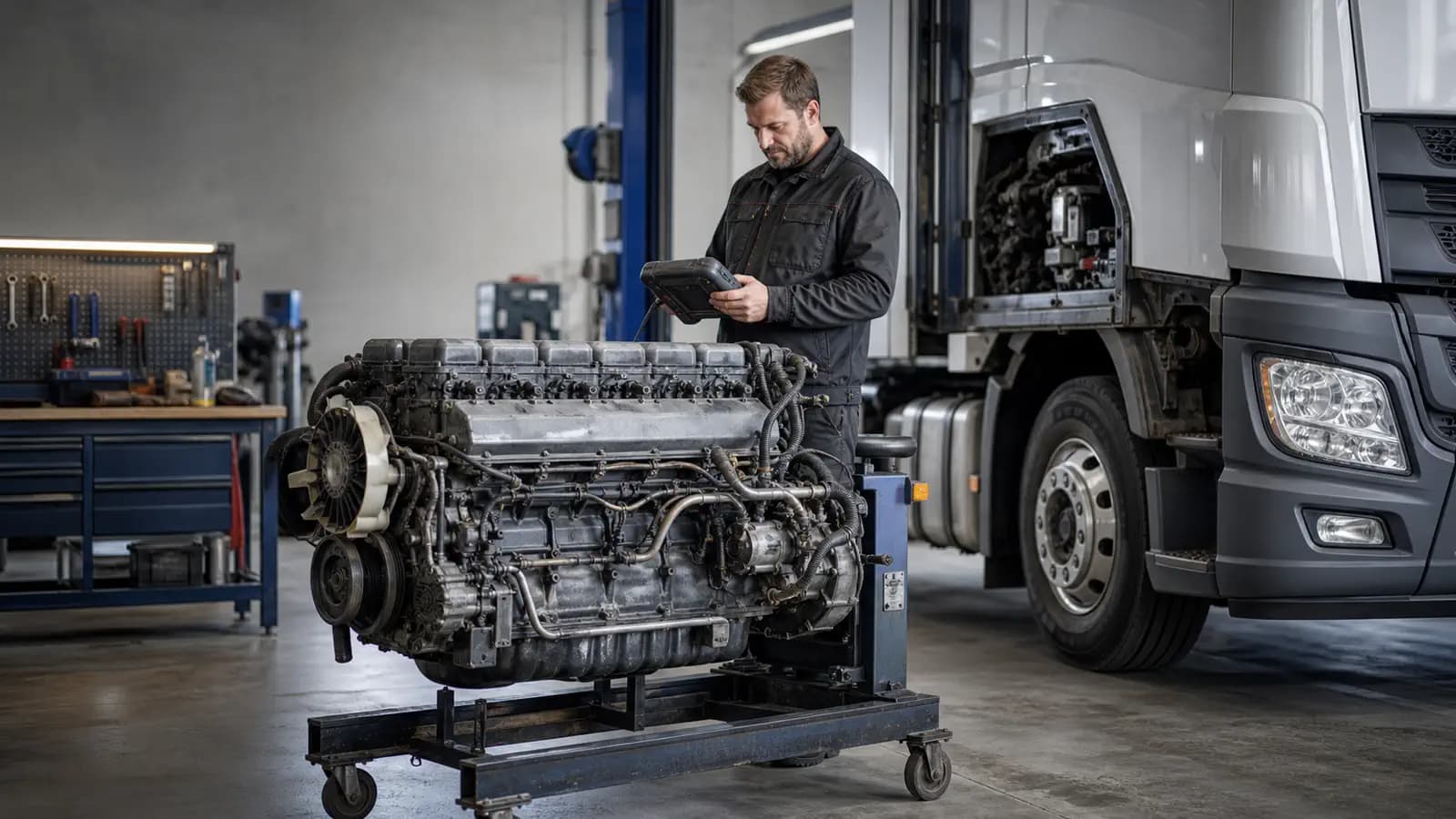 Иллюстративный кадр ремонта дизельного двигателя грузовика Scania в сервисном боксе