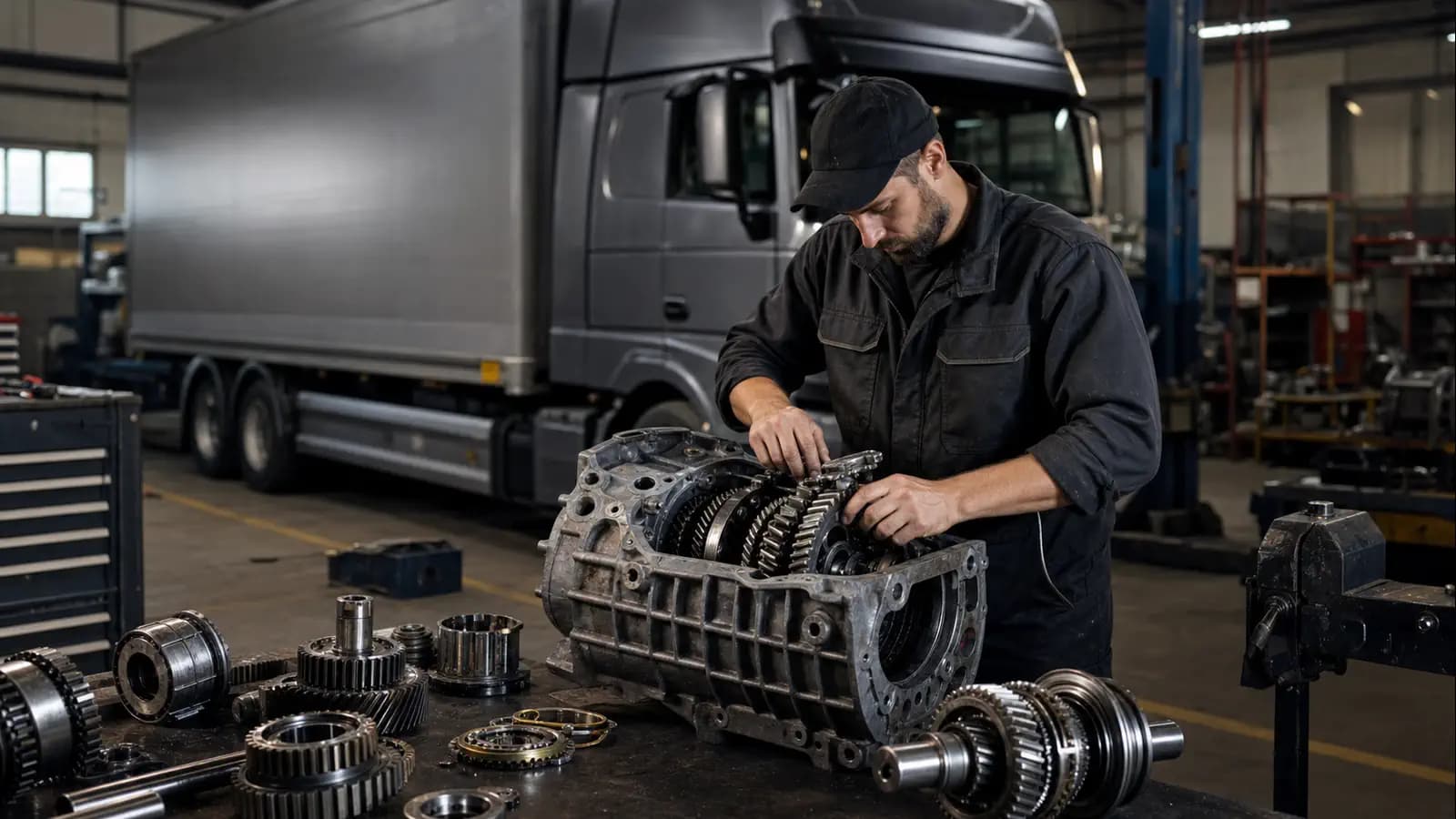 Иллюстративный кадр ремонта КПП грузовика Iveco в сервисном боксе