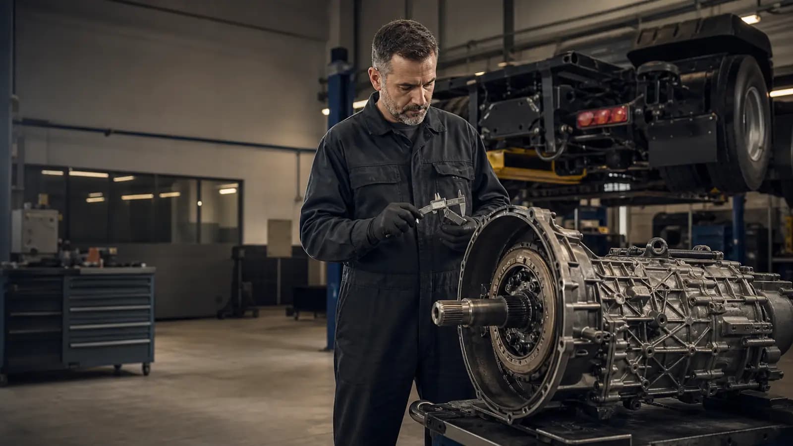 Иллюстративный кадр ремонта КПП грузовика Mercedes-Benz Trucks в сервисном боксе