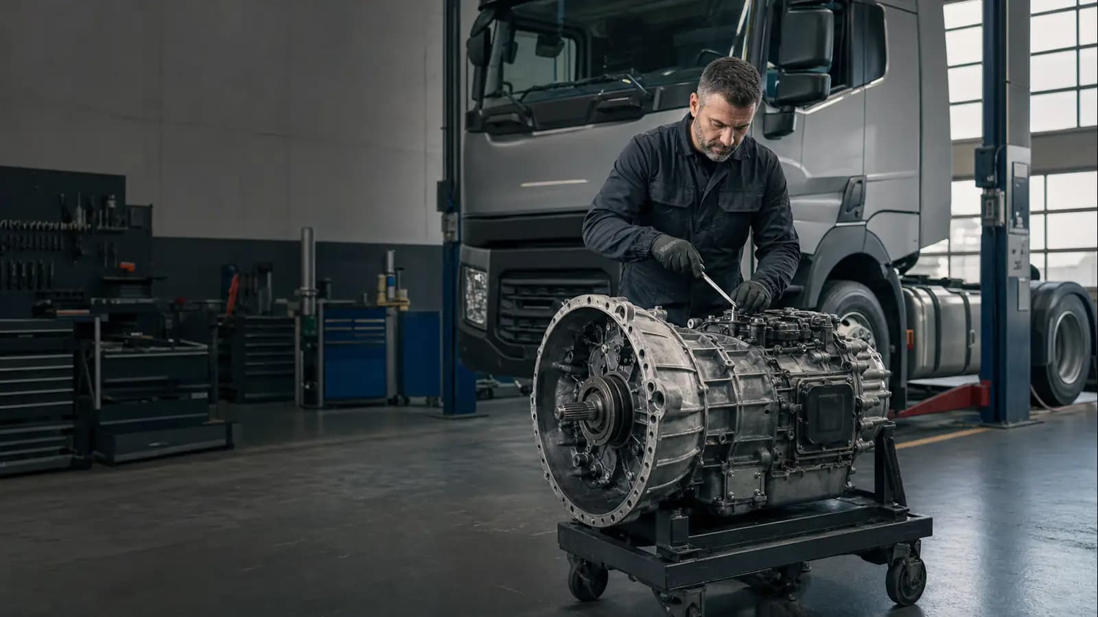 Иллюстративный кадр ремонта КПП грузовика Renault Trucks в сервисном боксе